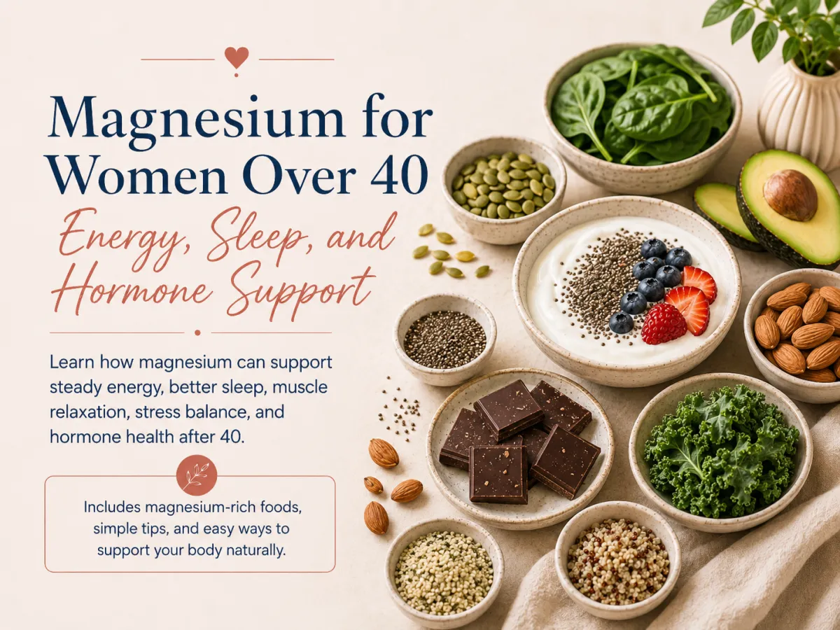 Magnesium-rich foods including pumpkin seeds, spinach, almonds, dark chocolate, and avocado for women over 40