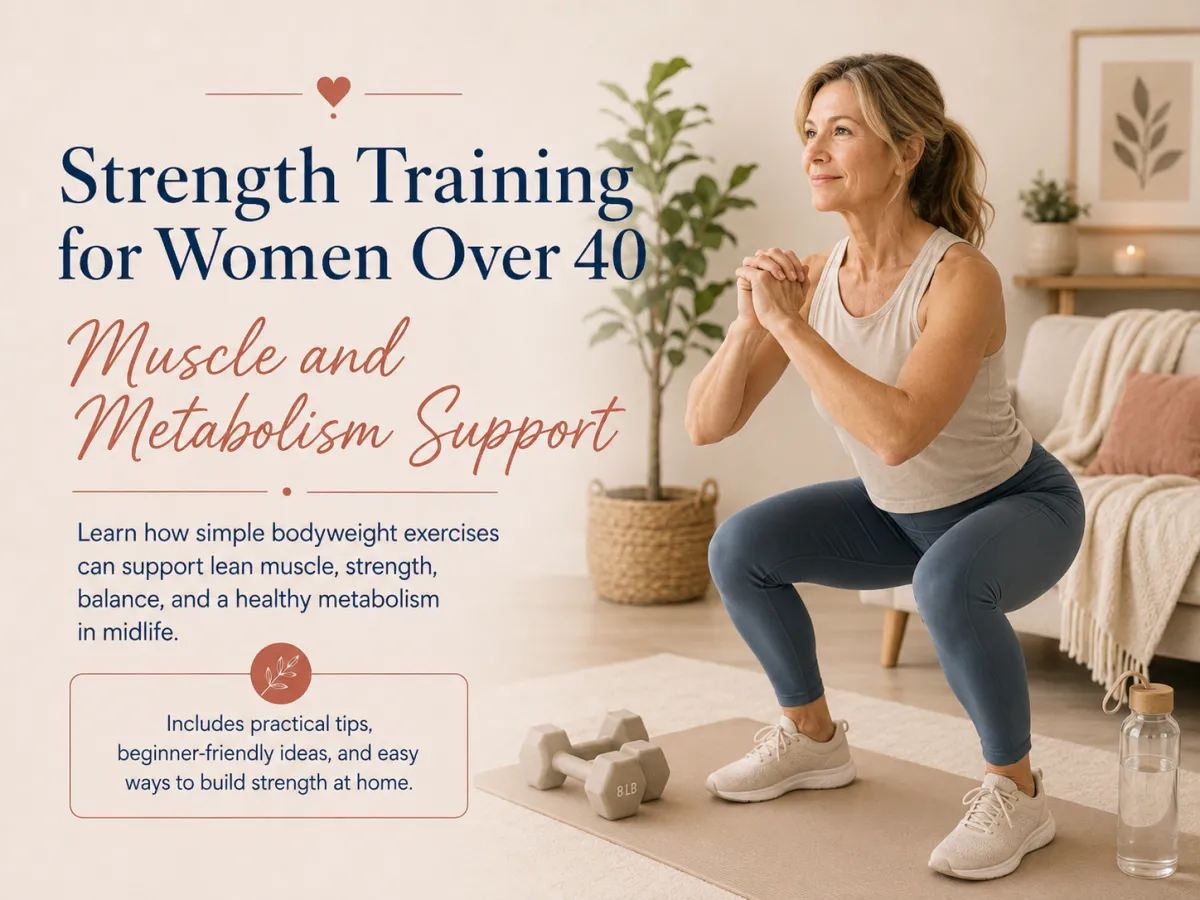 Woman over 40 doing bodyweight strength exercises at home for muscle and metabolism support
