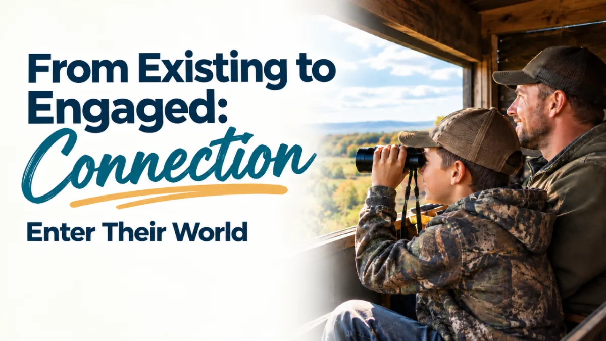 A father and young boy looking through binoculars inside an outdoor hunting blind, alongside bold text reading "From Existing to Engaged: Connection — Enter Their World"