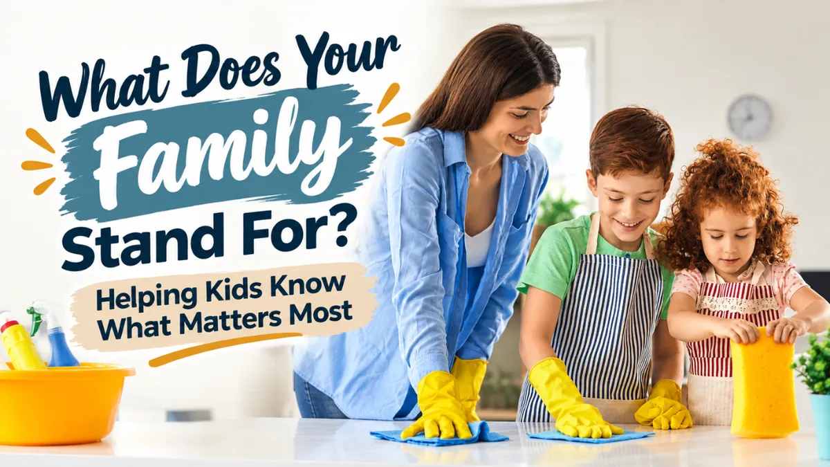 A mother and two children wearing yellow cleaning gloves and aprons while wiping down a kitchen counter, alongside text reading "What Does Your Family Stand For? Helping Kids Know What Matters Most."