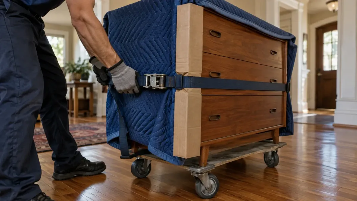 Professional mover securing a wooden dresser with padded moving blankets and straps inside a Petaluma, CA home.