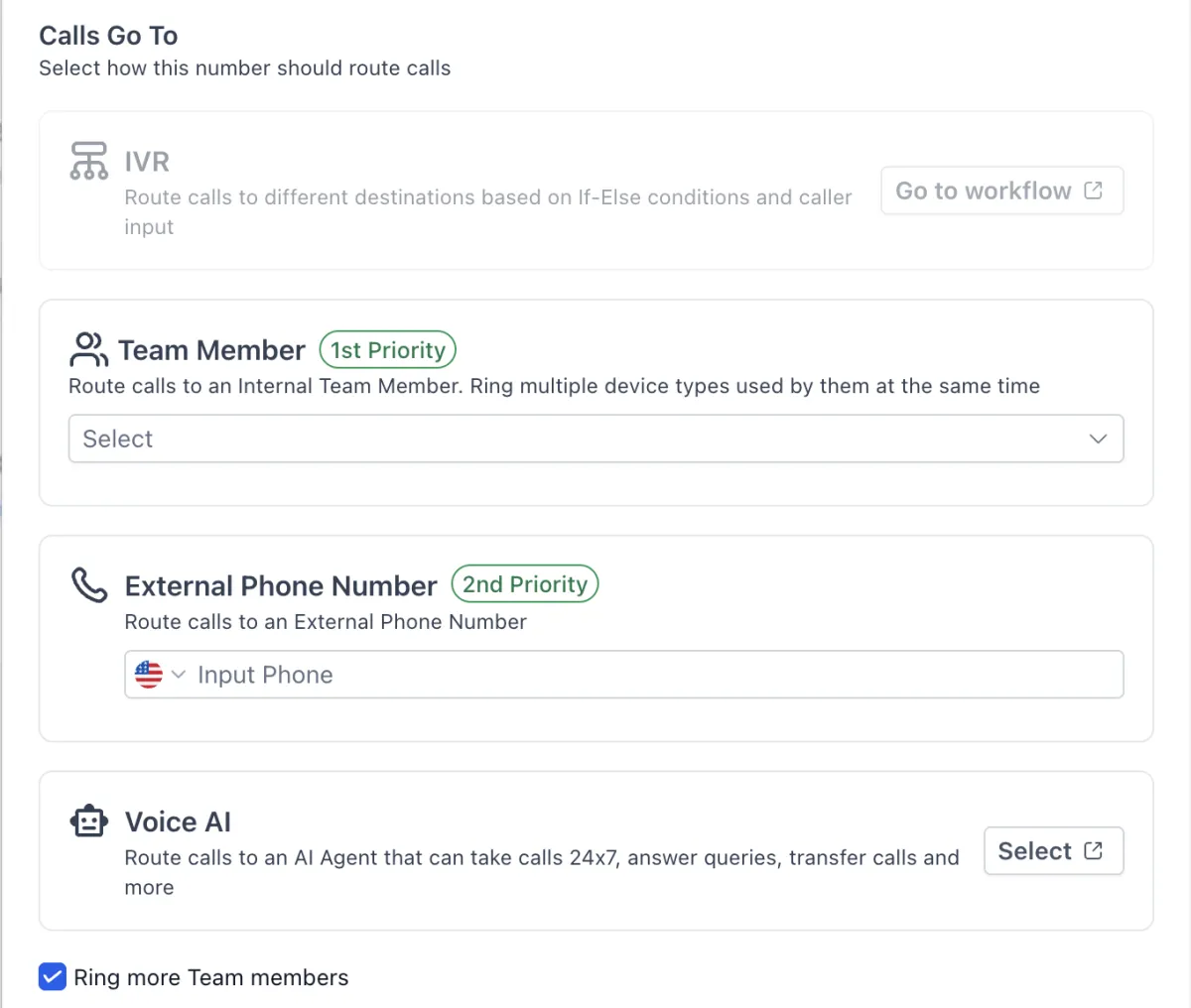 Call routing settings sending one business number to a team member, an external phone, or a voice AI