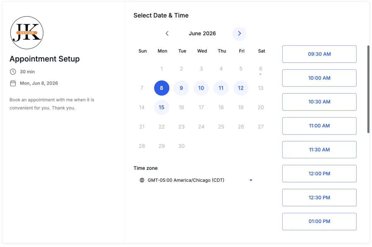 Jared K Design online booking page showing a June calendar and open appointment times a customer can pick