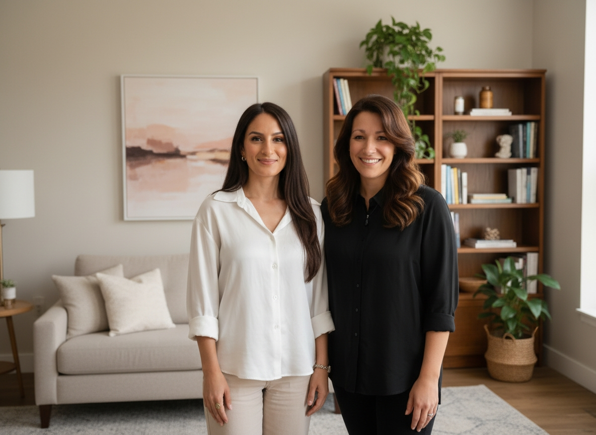 Professional team portrait of psychotherapist Sana Khwaja and creative AI coach Lavinia Meek in a sunlit office