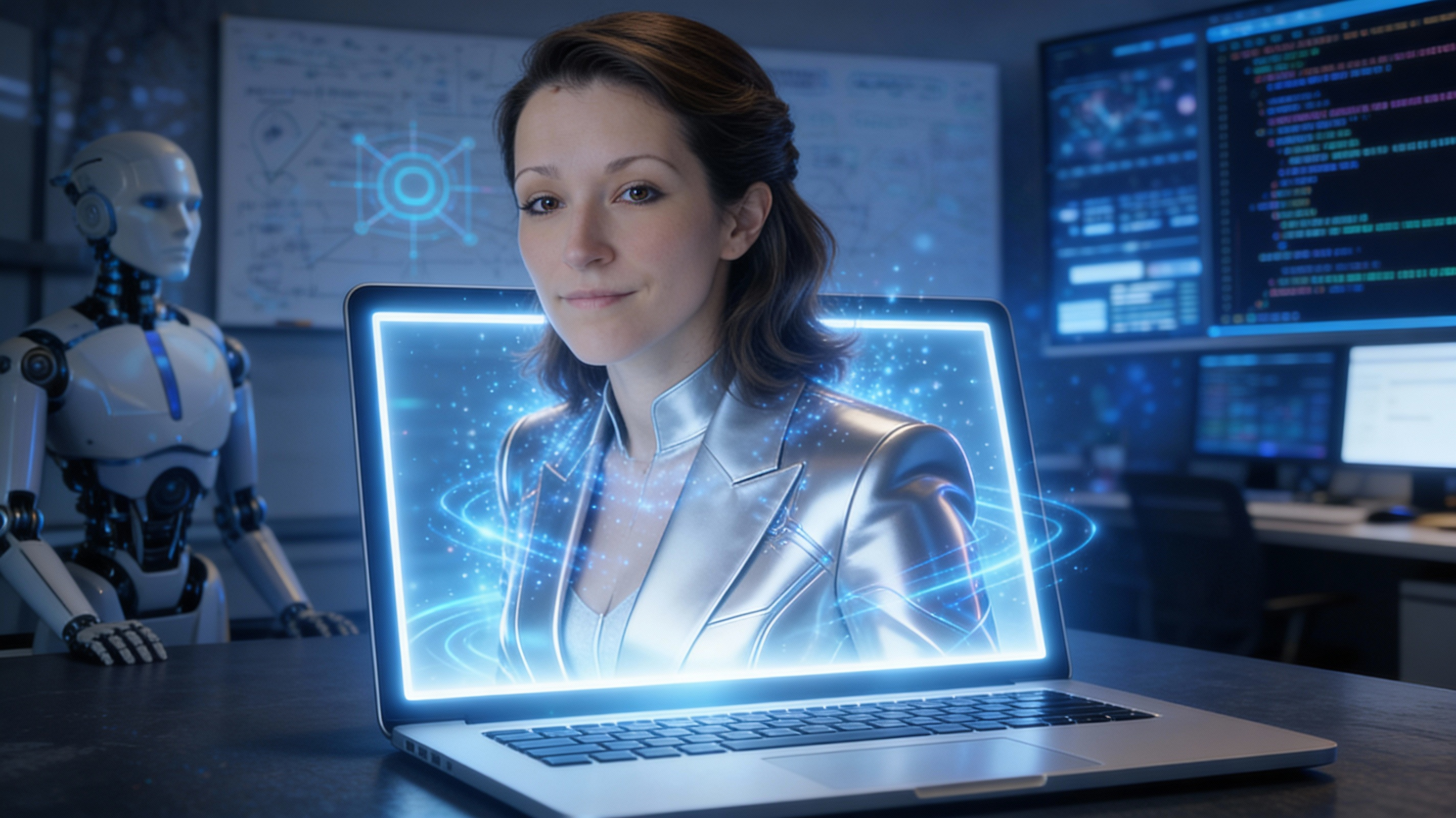 Author at keyboard with holographic screen