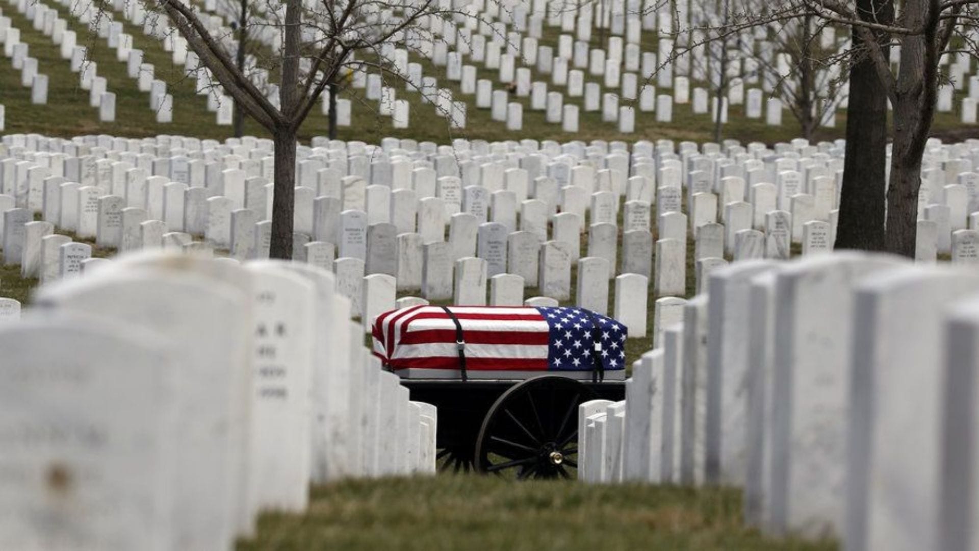 An AmericanFlag drapped casket among thousands of tombstones at Arlington Cemetary