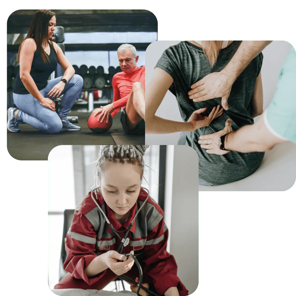 A photo of three different health and wellness providers giving care.