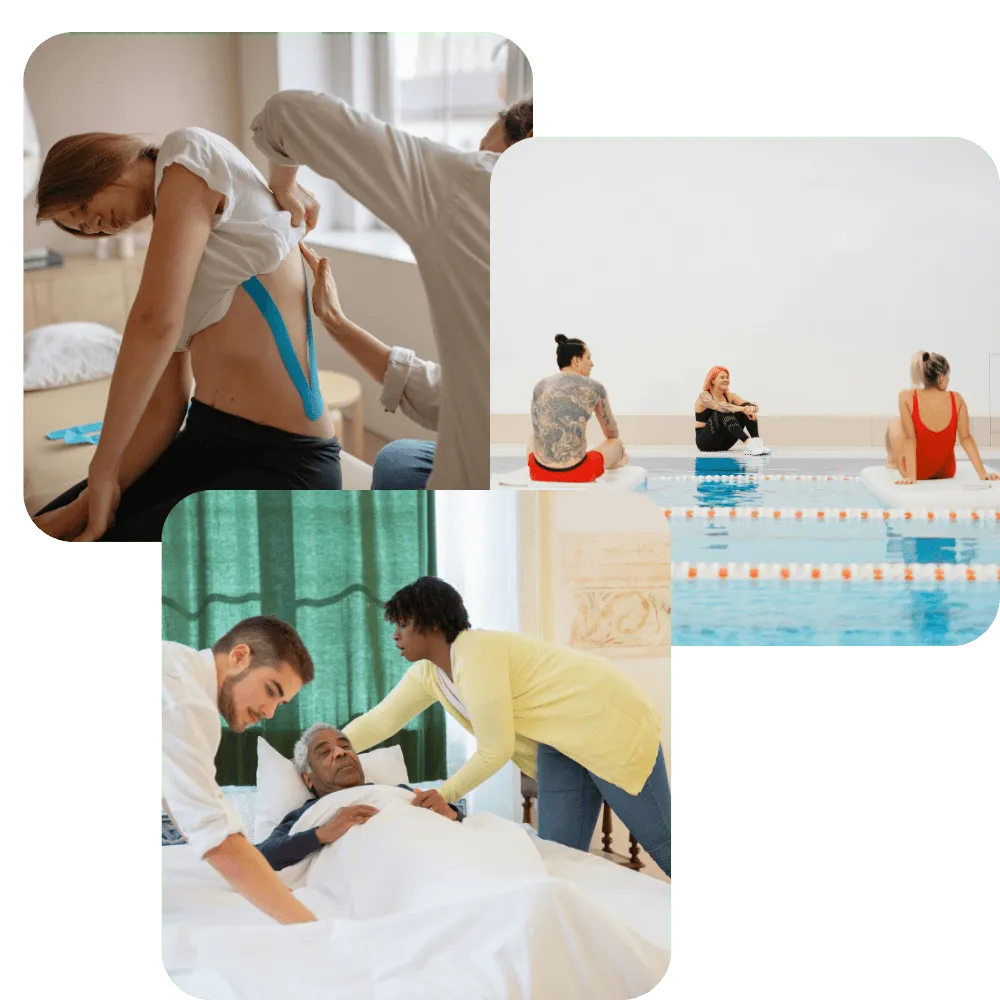 A photo of three different health and wellness providers giving care.