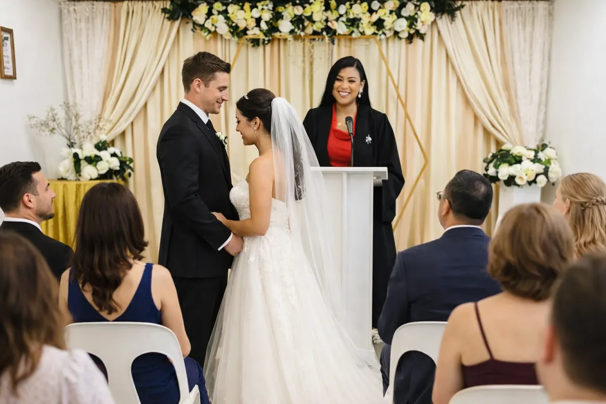 Smiling couple holding hands during a light, romantic wedding ceremony officiated by Maricela