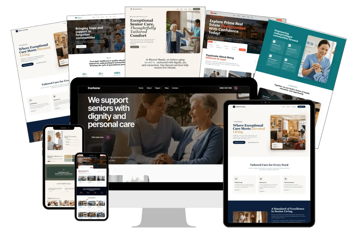 Collection of website design examples displayed on desktop, tablet, and mobile screens