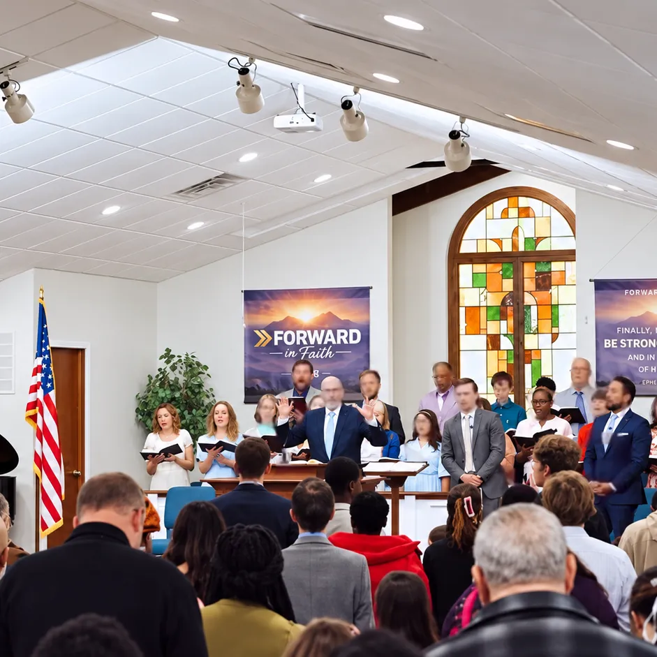 Congregation singing during worship service (Powerful Music)