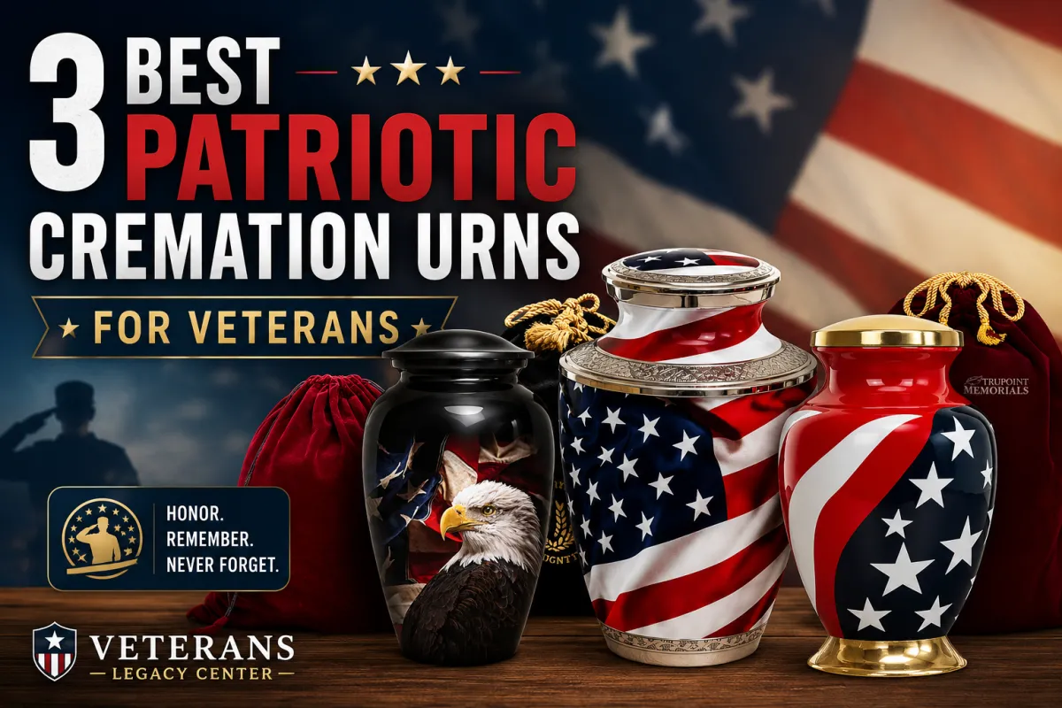 3 patriotic cremation urns for veterans with American flag and eagle memorial designs