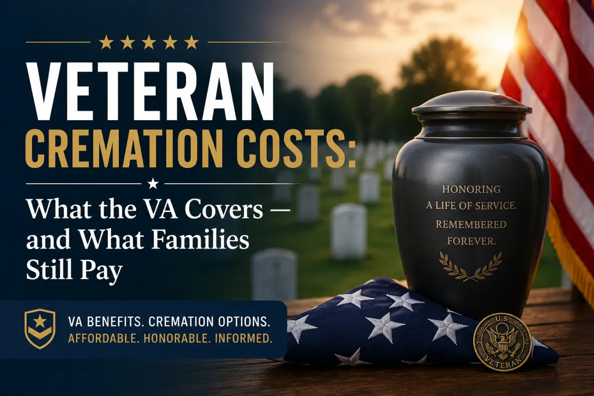 Veteran cremation costs cover image showing a patriotic cremation urn, folded American flag, and cemetery background representing VA burial benefits, cremation planning, and funeral cost education for veterans and their families.