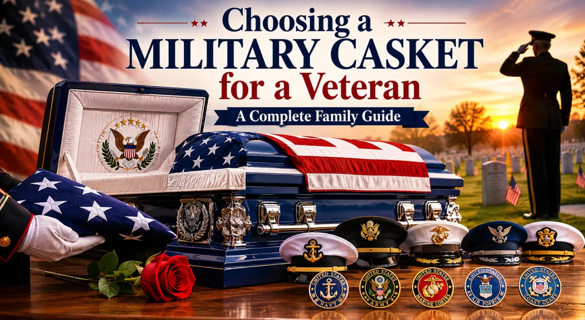 Patriotic military casket memorial scene honoring the service and legacy of United States veterans.