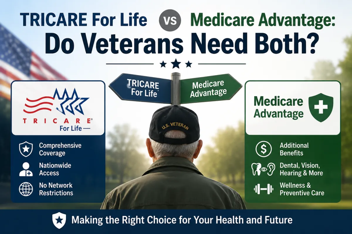 A patriotic-themed comparison image with a red, white, and blue background, featuring bold overlay text that reads 'TRICARE For Life vs. Medicare Advantage.' The image is split into two sections, with military-related symbols on one side and healthcare-related icons on the other.