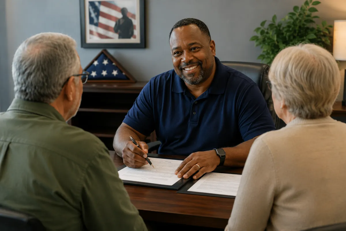 Veterans burial planning consultation with a family services counselor and a Veteran and spouse