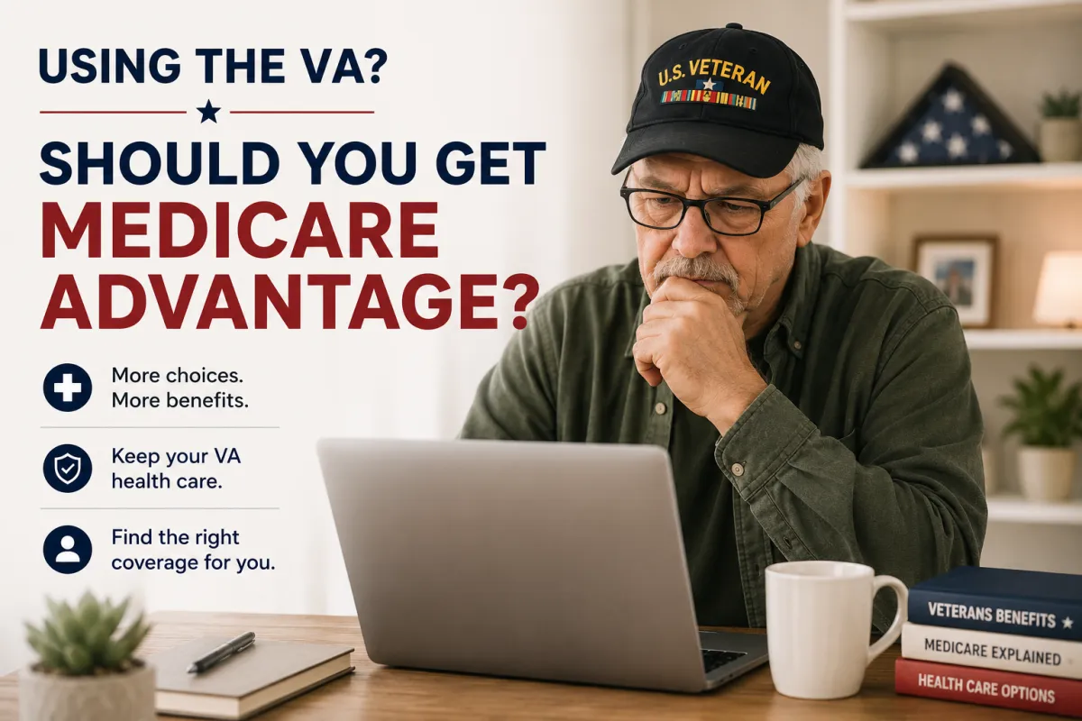 Veteran comparing Medicare Advantage and VA health care while using a laptop.