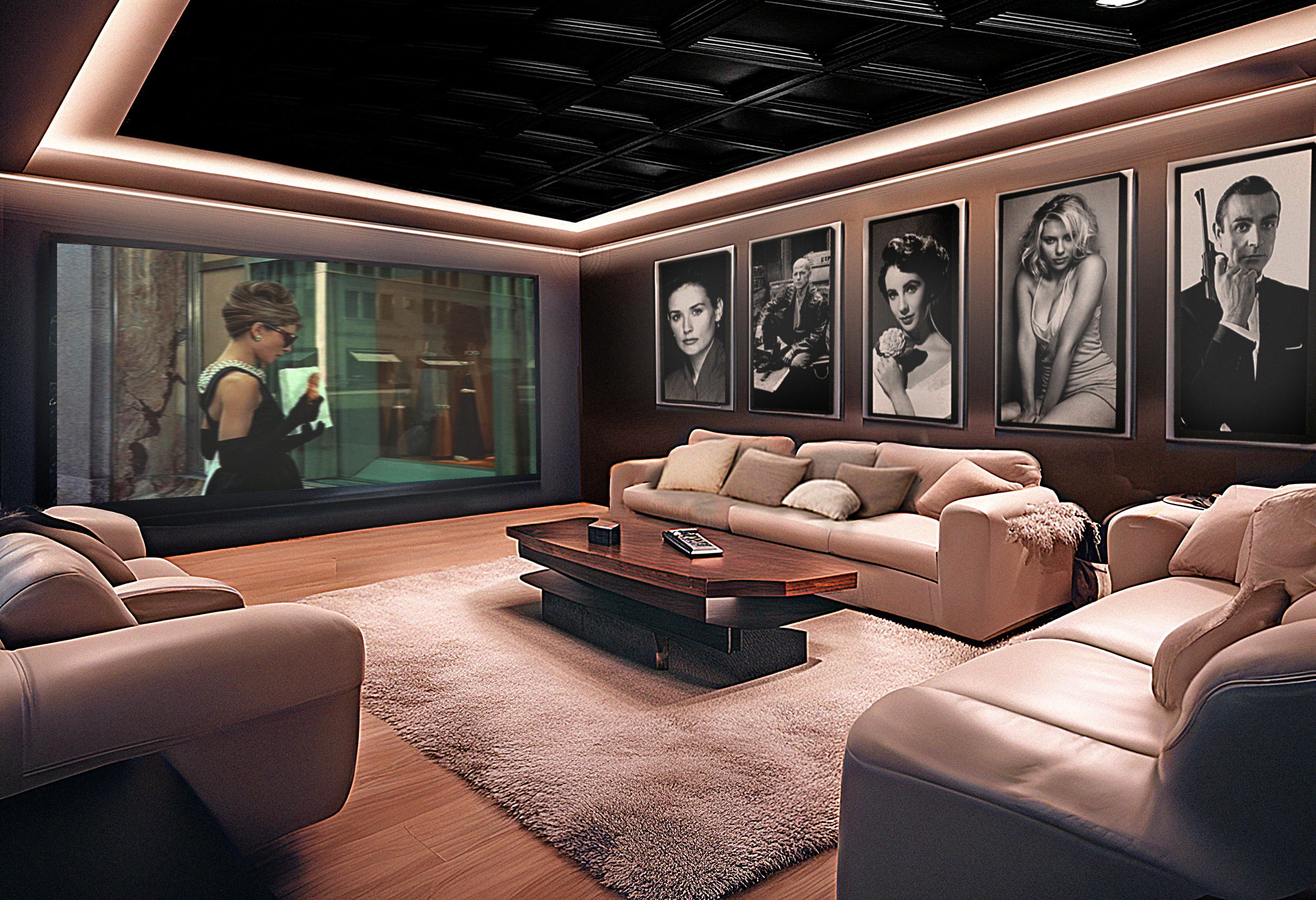 Hero installation shot of EchoSlate panels in a modern auditorium, angled perspective showing depth and texture, dramatic lighting with vignette to emphasize overlay cards, photorealistic.