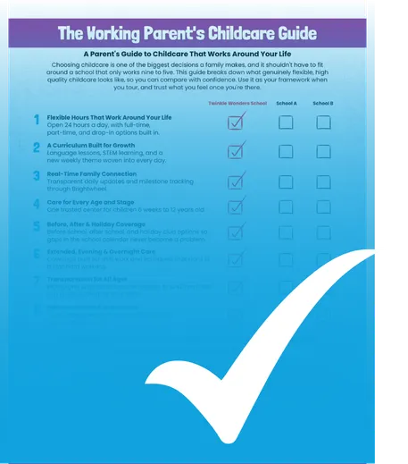 Checklist titled “The Working Parent’s Childcare Guide,” with childcare criteria and boxes, overlaid by a large white checkmark.