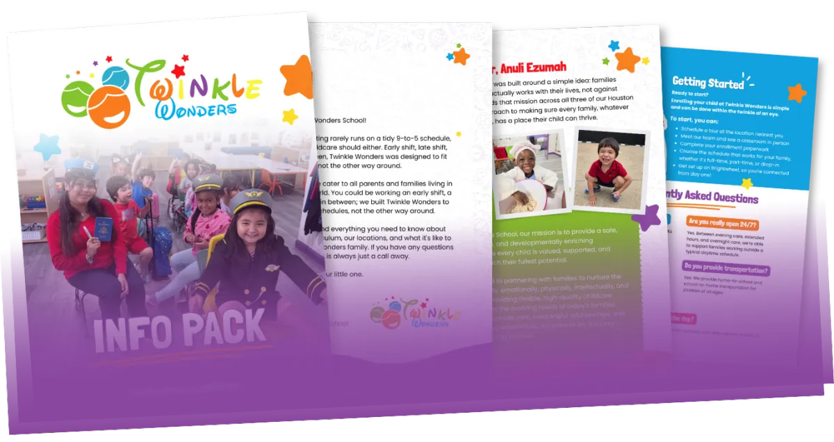 A four-page Twinkle Wonders “Parent Pack” booklet shows children’s photos and sections titled “Getting Started” and “Frequently Asked Questions”