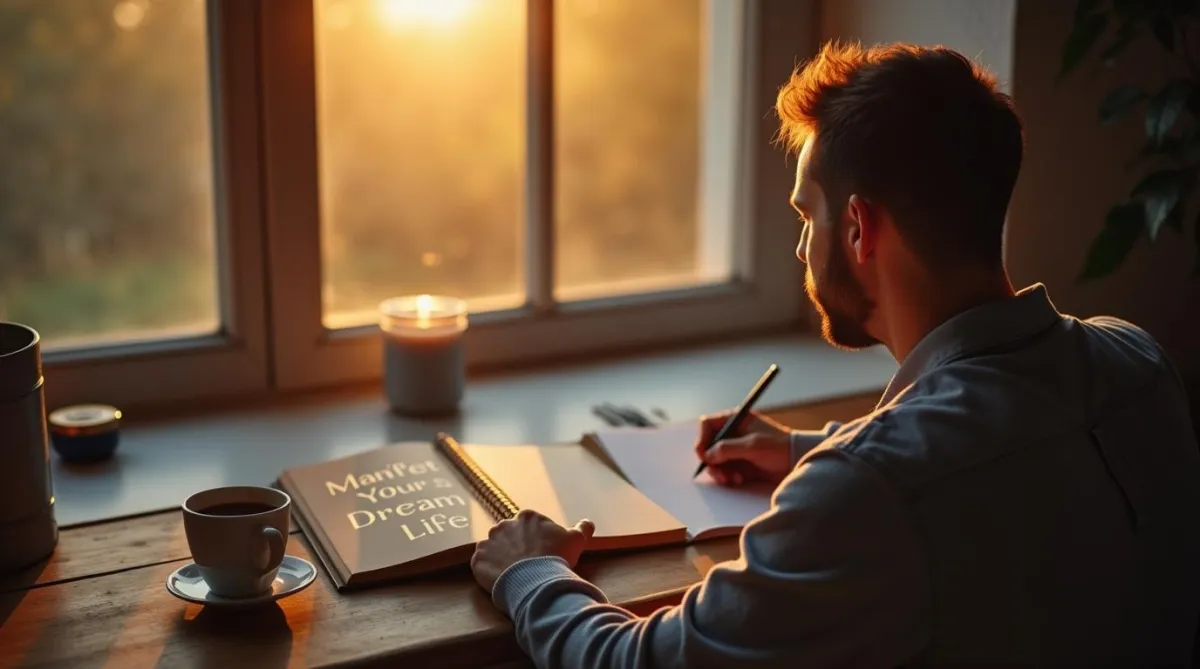 Person journaling in the morning with a notebook titled Manifest Your Dream Life