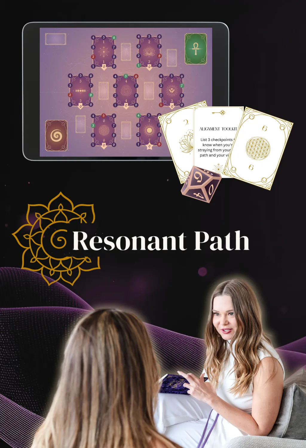 Resonant Path graphic showing a laptop with a digital game board and prompt card toolkit, plus a coach guiding a consultant in a business session. Eva Alexandre, business architecture strategist for established consultants.