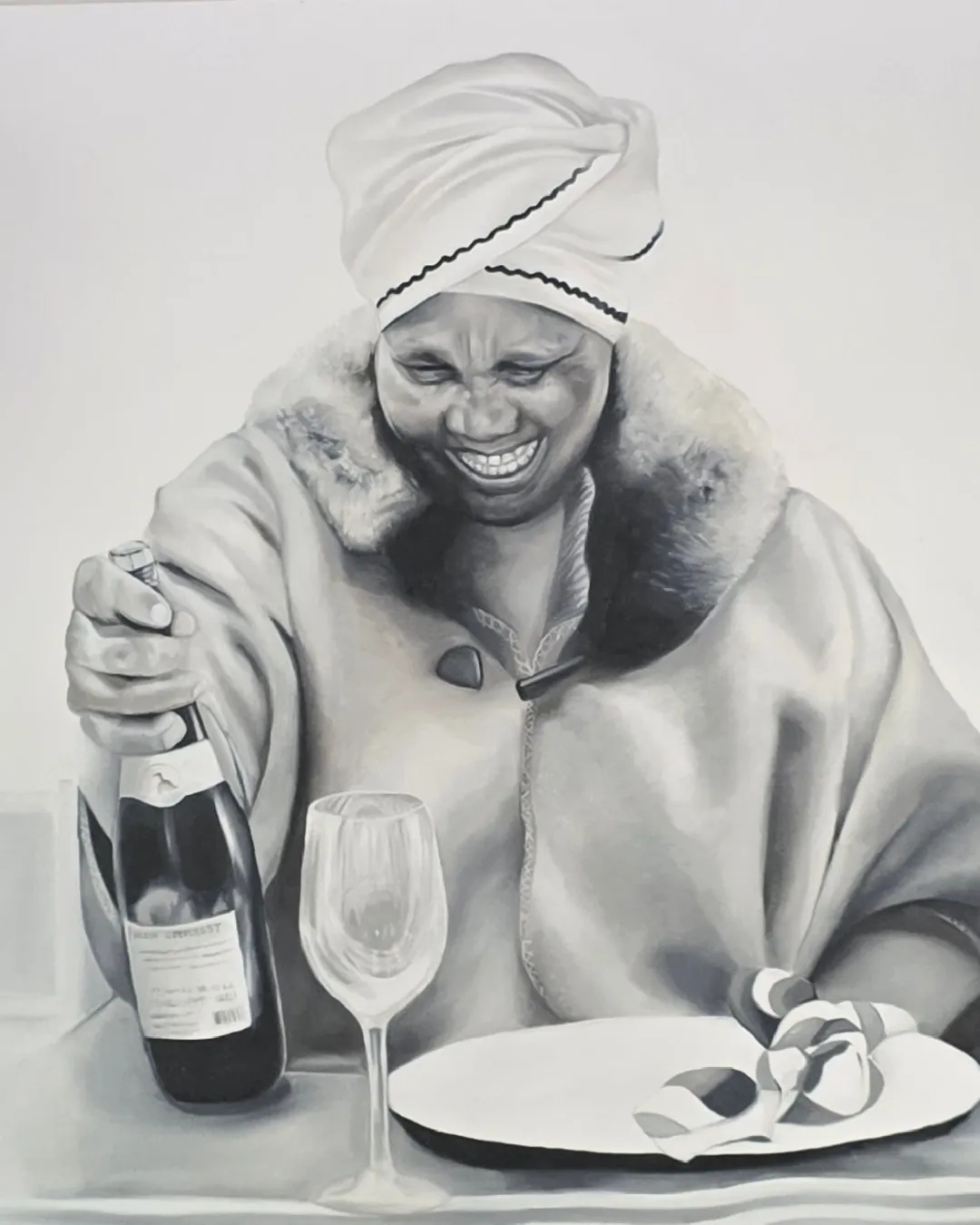 Portrait of Rodney Zimba's mother, displayed at Klein Goederust wine estate in South Africa's Cape Winelands