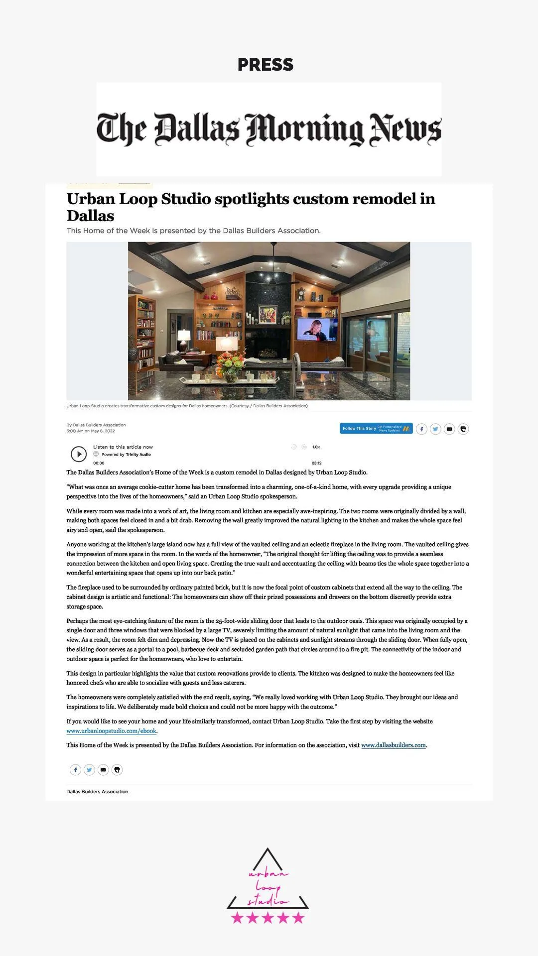 Urban Loop Studio featured in Dallas Morning News for redefining luxury home design in lakewood, Texas.