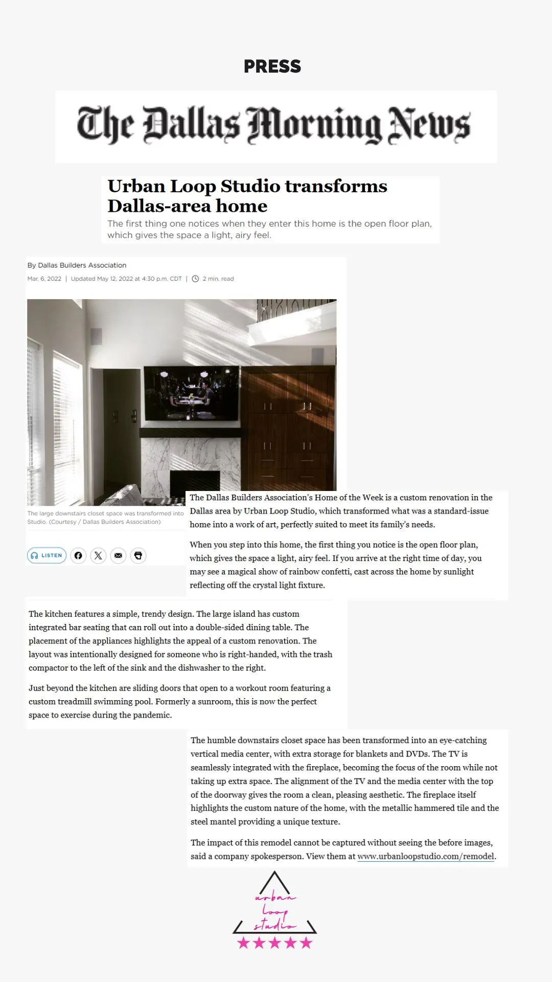 Urban Loop Studio featured in Dallas Morning News for redefining luxury home design in garland, Texas.