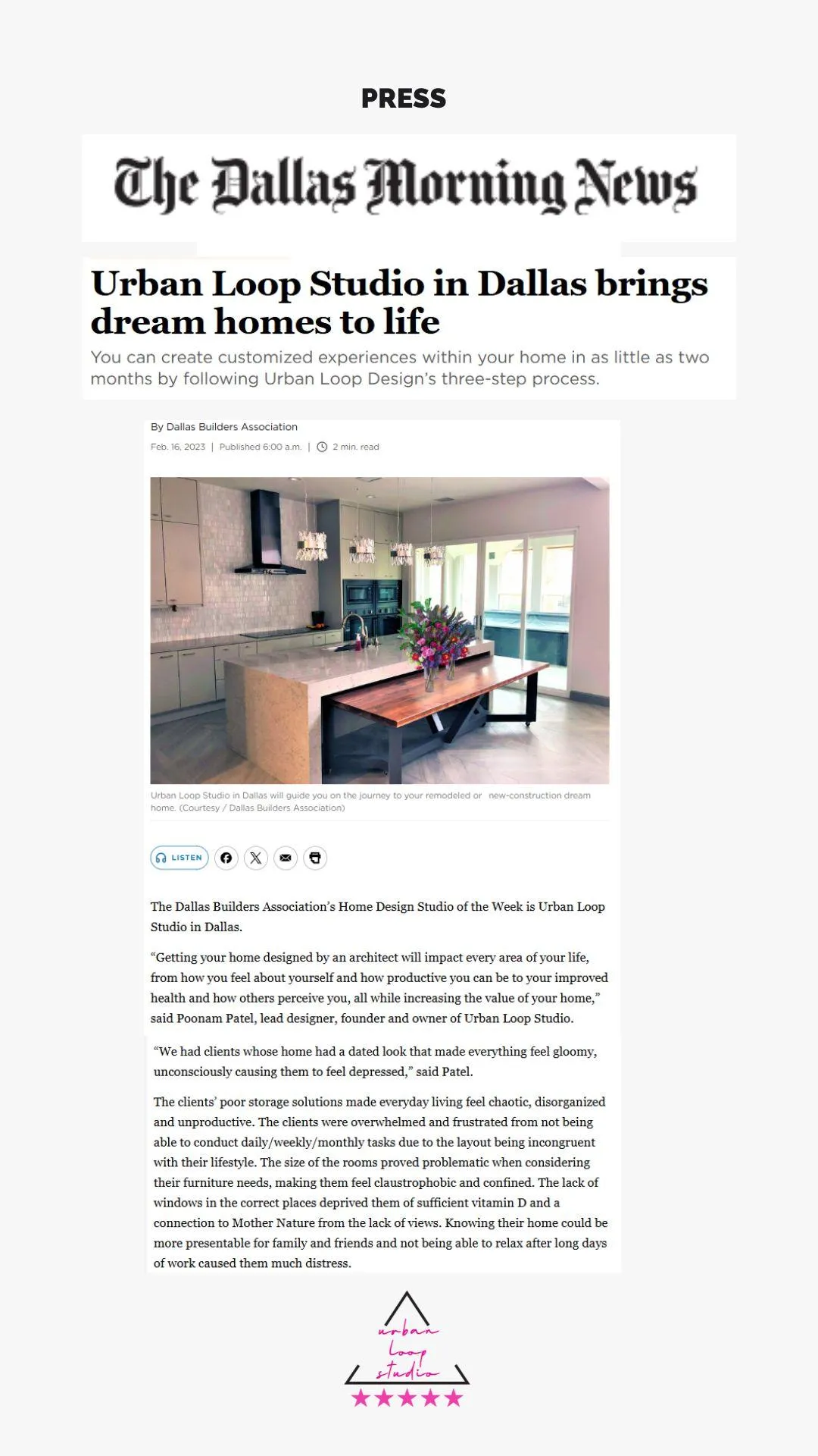 Urban Loop Studio featured in Dallas Morning News for redefining luxury home design in lake highlands, Texas.