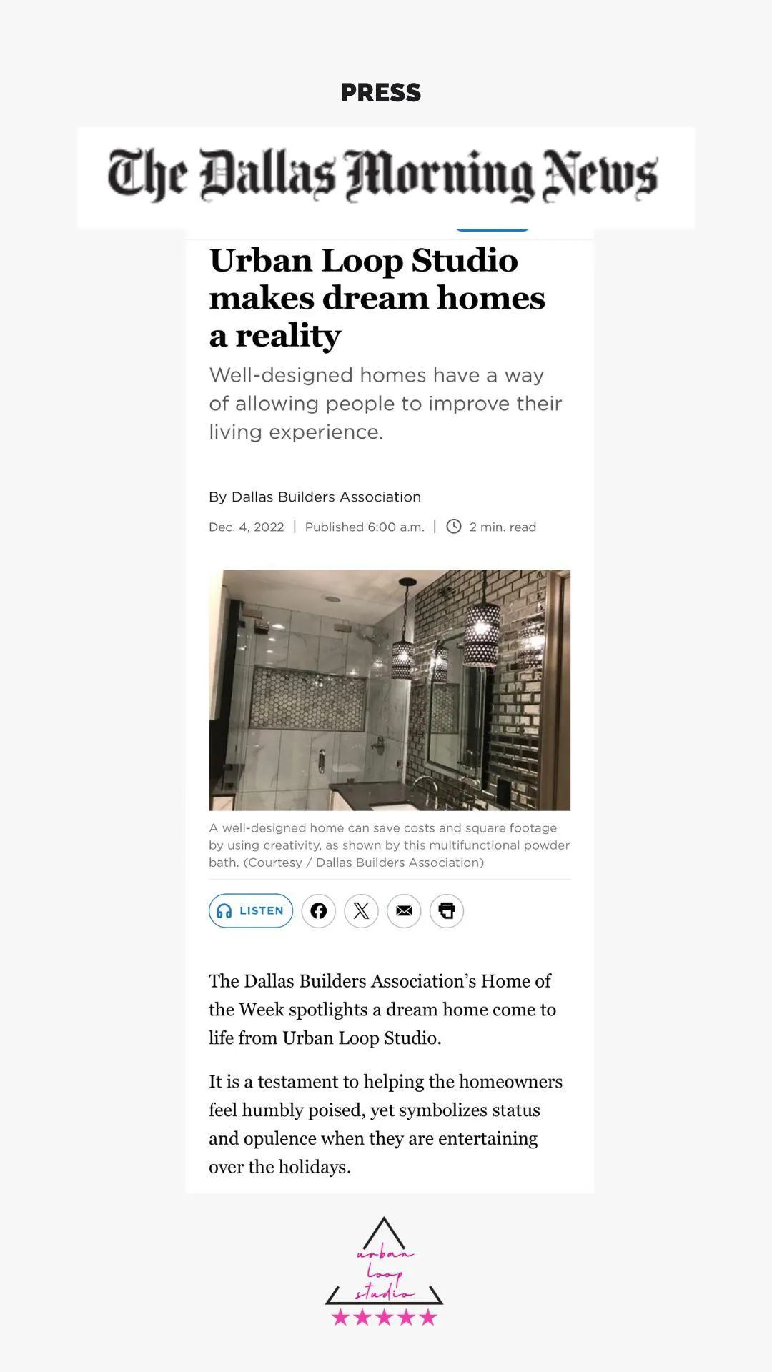 Urban Loop Studio featured in Dallas Morning News for redefining luxury home design in university park, Texas.