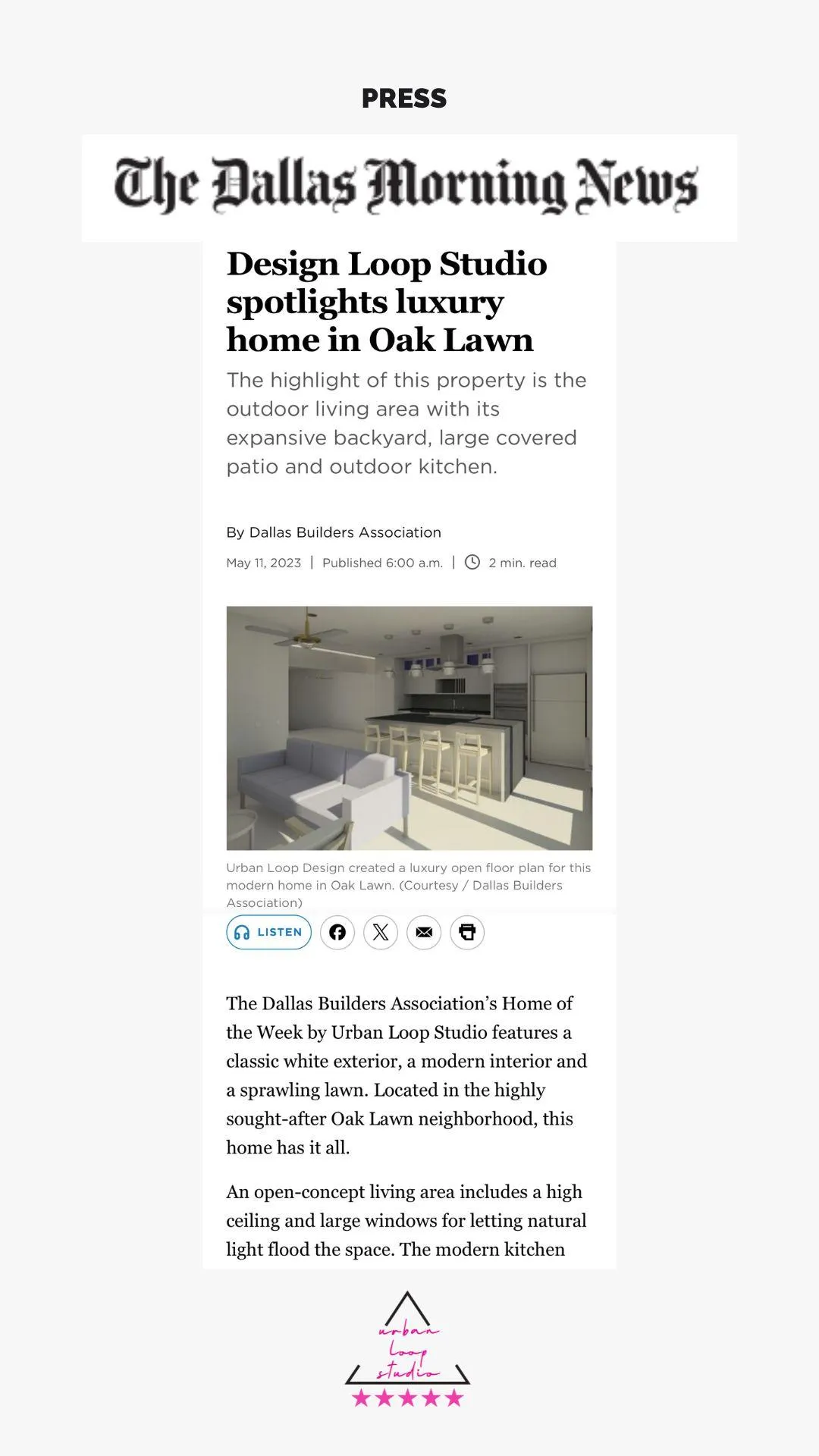 Urban Loop Studio featured in Dallas Morning News for redefining luxury home design in highland park, Texas.