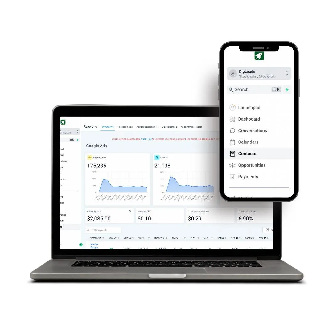 Mockup på DigLeads CRM-system