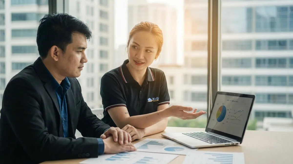 A confident financial advisor in a modern office, discussing strategy with a diverse small business owner. Both are smiling, with charts and a laptop visible, suggesting a collaborative, professional environment. The background is softly blurred, focusing on the interaction.
