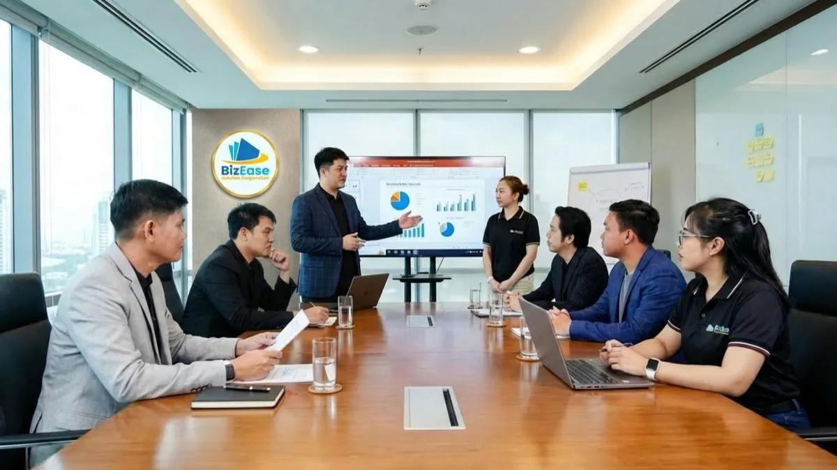 A diverse group of finance professionals collaborating around a table with documents, digital tablets, and coffee mugs. The setting is a bright, open office with large windows, conveying teamwork and expertise in a welcoming environment.