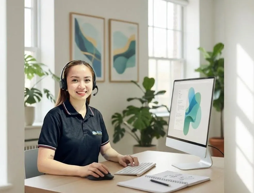 A friendly customer support representative with a headset, sitting at a desk with a computer and notepad. The office is modern and bright, with plants and motivational posters in the background, conveying approachability and professionalism.
