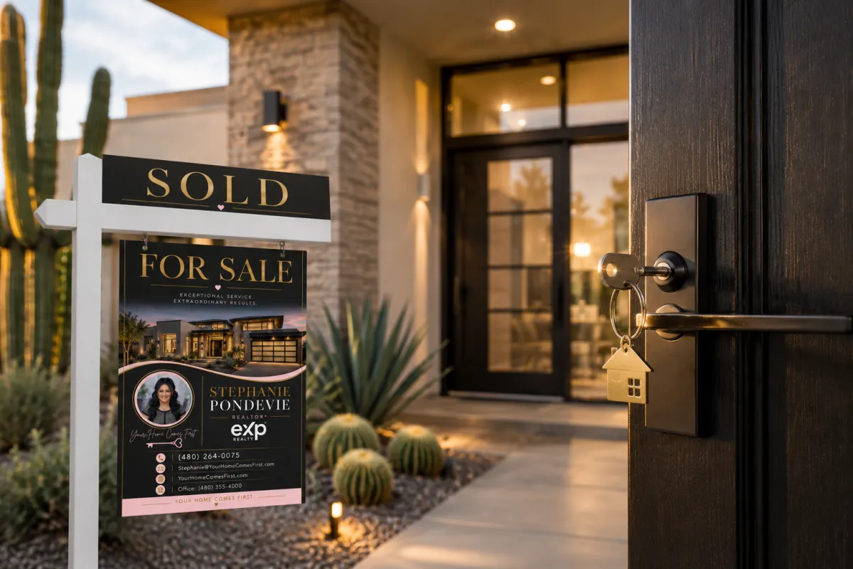 Sold sign and house key in door of a Maricopa County home, Stephanie Pondevie REALTOR®