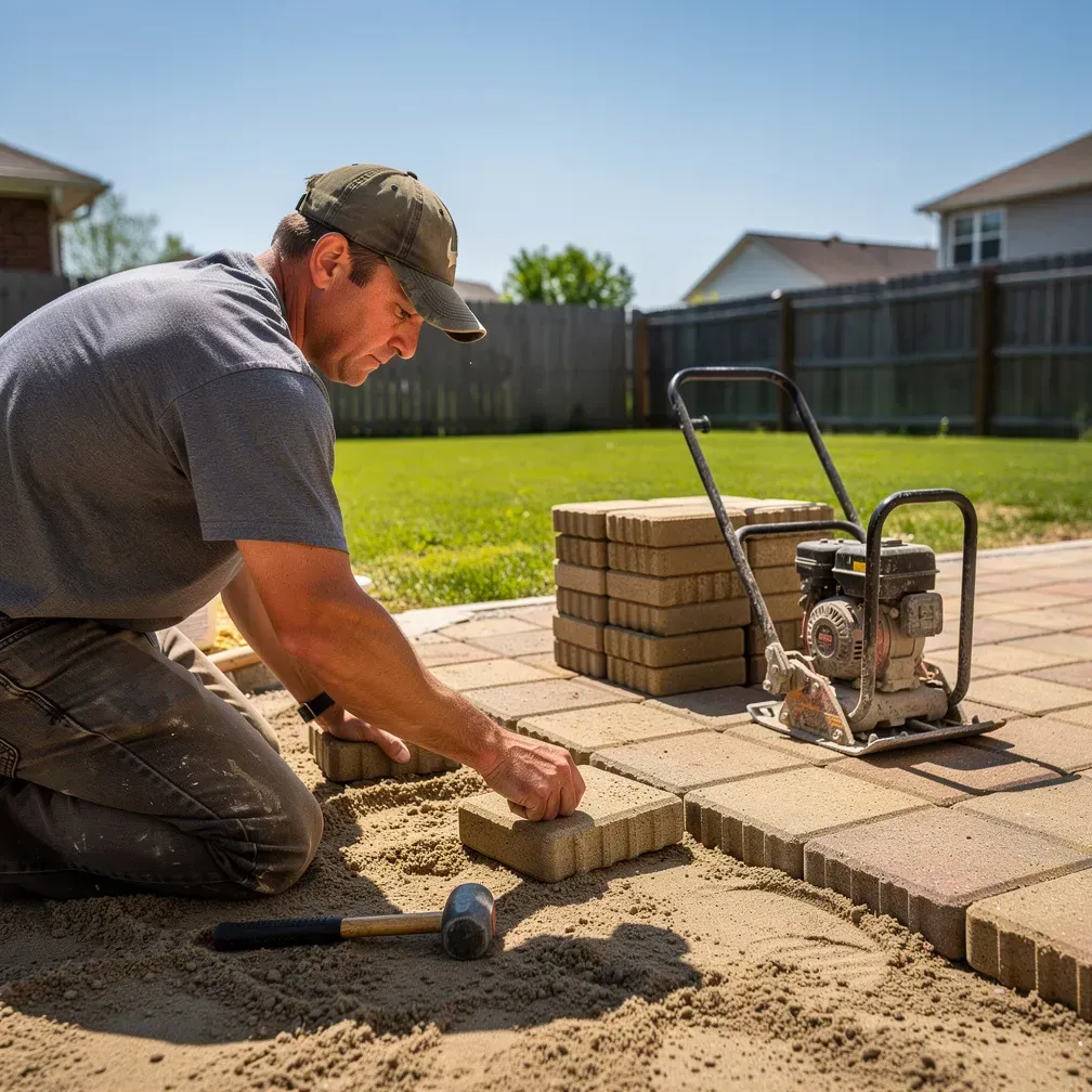 Local paver contractor wearing a cap, installing interlocking pavers in a Taylor, Michigan backyard.