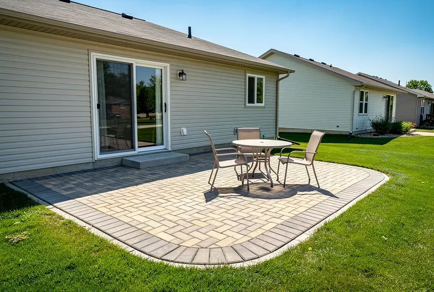 Freshly installed tan and gray paver patio attached to a home in Taylor, Michigan.