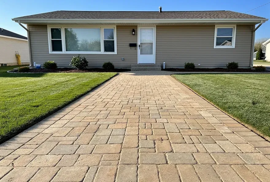 Freshly installed tan paver walkway leading to a home's front entrance in Taylor, Michigan.