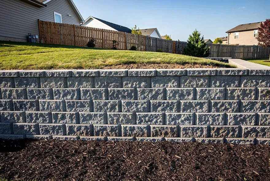 Freshly built gray block retaining wall in a residential backyard in Taylor, Michigan.