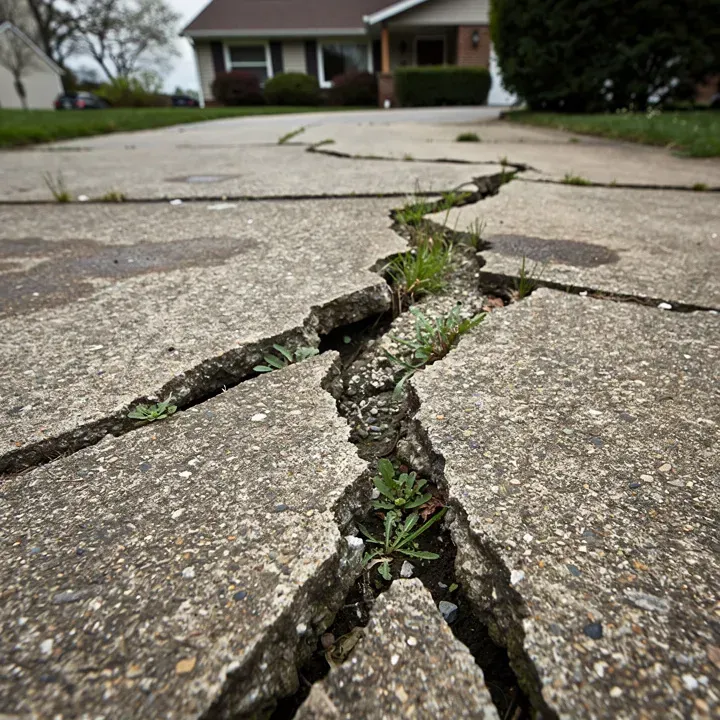 Cracked and heaving concrete driveway showing common damage seen in Taylor, Michigan homes.