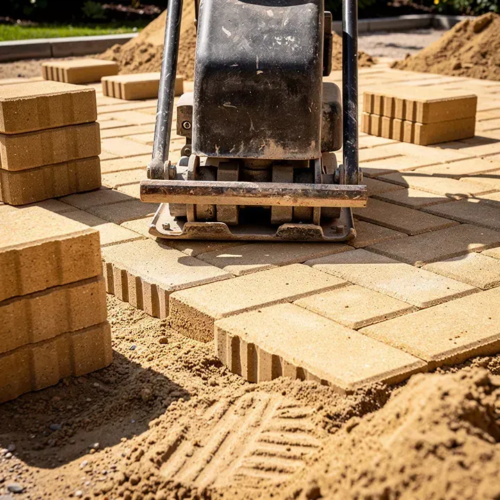 Close-up of paver installation tools and materials during a project in Taylor, Michigan.