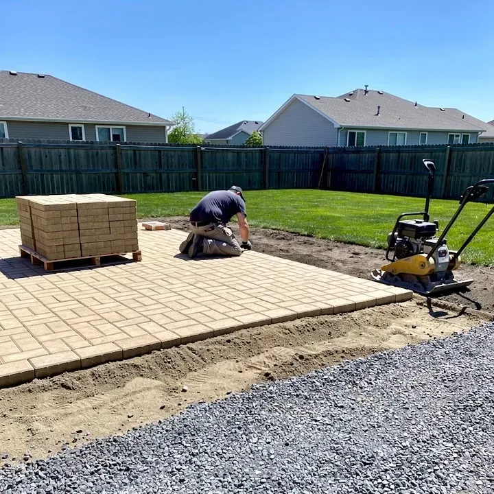 Paver patio installation in progress in a residential backyard in Taylor, Michigan.