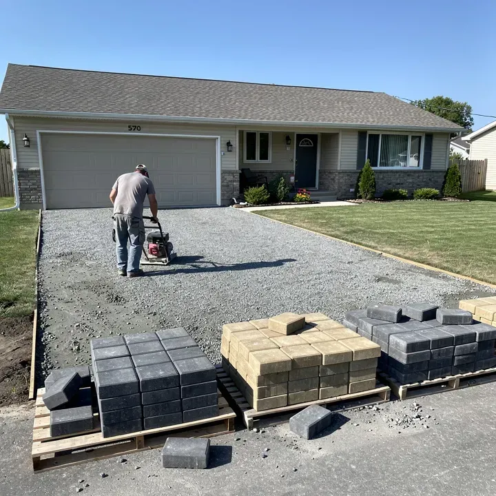 Paver driveway installation in progress in front of a garage in Taylor, Michigan.