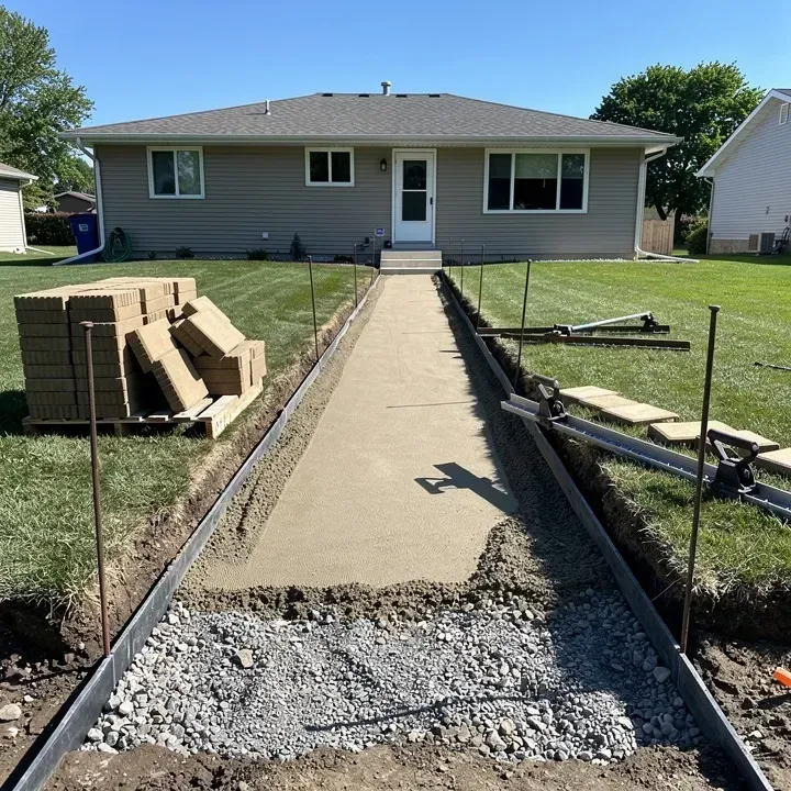Fully prepared gravel base and sand bed ready for paver walkway installation in Taylor, Michigan.