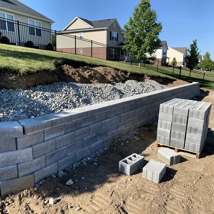 Retaining wall installation in progress in a sloped backyard in Taylor, Michigan.