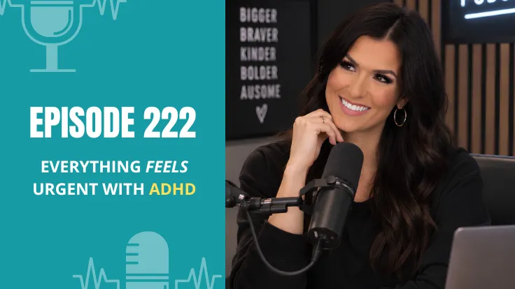 Alyece Smith sitting at a podcast microphone in a studio. A teal graphic beside her reads, “Episode 222: Everything Feels Urgent With ADHD,” for The ADHD CEO Podcast.