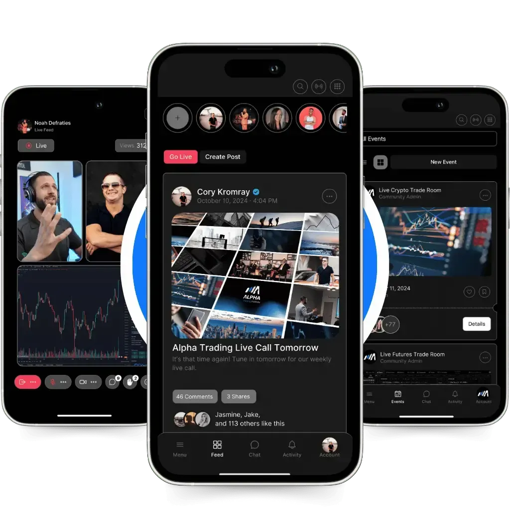 Alpha Trading Institute mobile app preview showing live trading sessions, community feed, and events calendar. Access expert-led crypto, futures, and options trading education, connect with top traders, and join real-time market discussions.