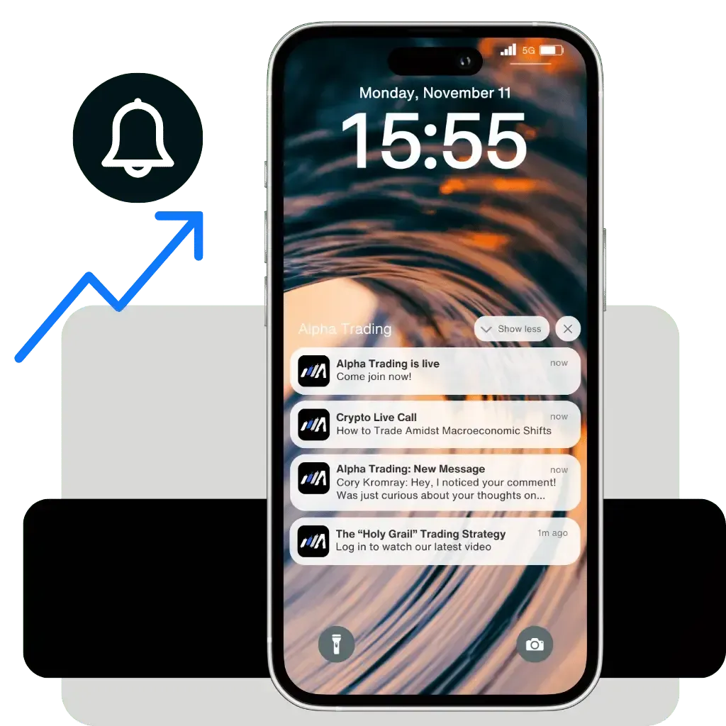 Mobile notifications from Alpha Trading Institute showing real-time alerts, crypto live calls, direct messages, and strategy updates. Stay informed on market trends with daily updates, mentorship connections, and personalized trading insights through Alpha Trading’s app.